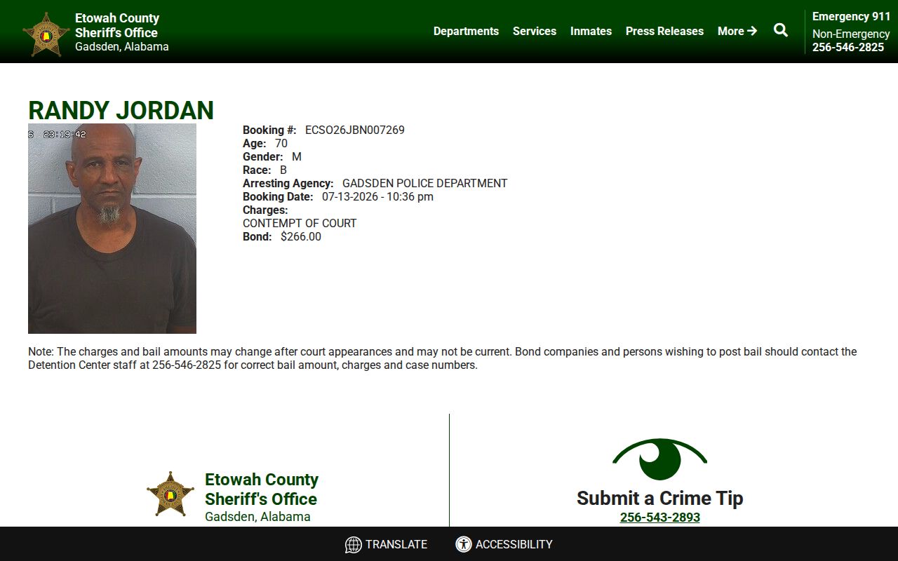 Etowah County arrest records sample inmate profile charge field