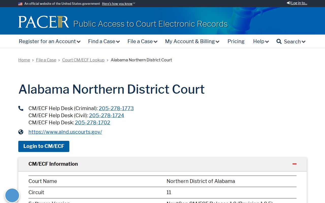 Etowah County court dockets PACER Northern District lookup