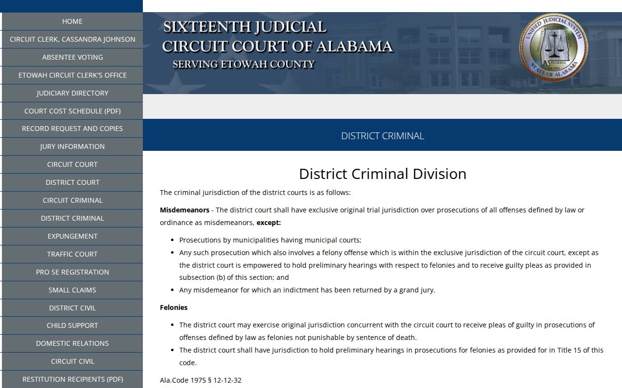 Etowah County criminal court records District Criminal page