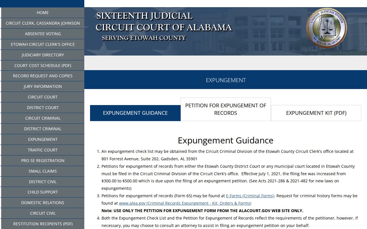 Etowah County criminal court records expungement guidance