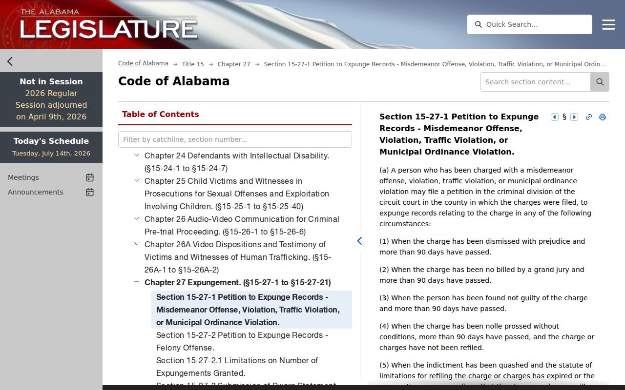 Etowah County criminal court records Alabama expungement statute