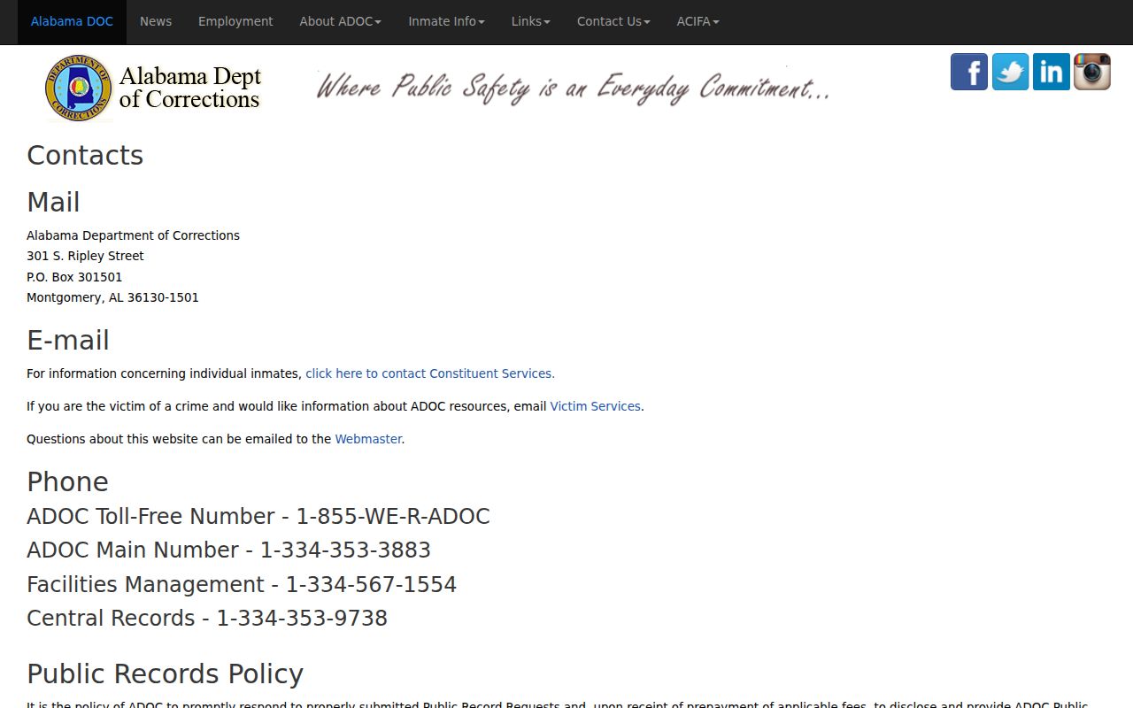 Etowah County inmate records ADOC contact page