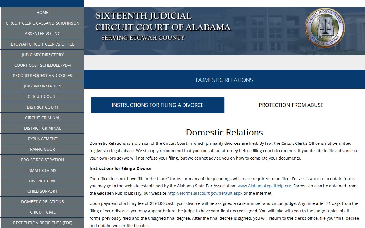 Etowah County divorce records domestic relations filing page