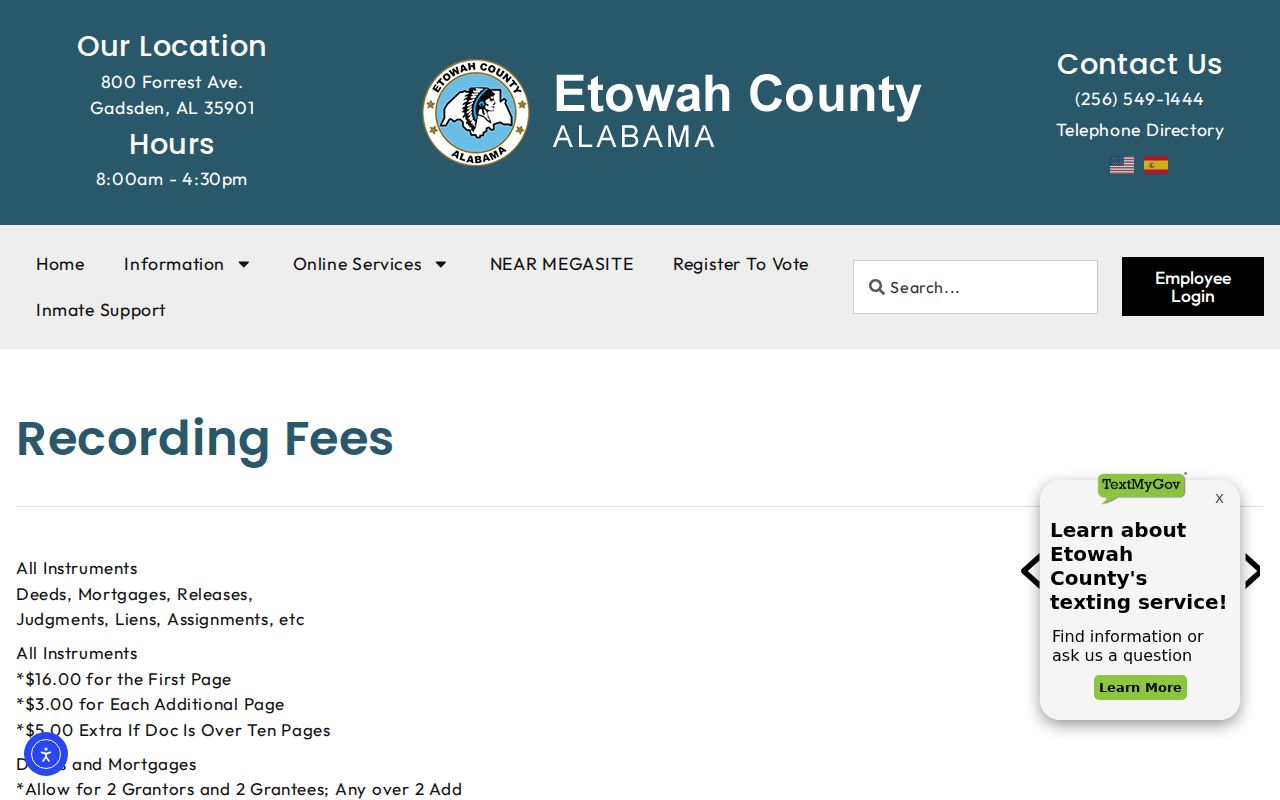 Etowah County probate records recording fee schedule page