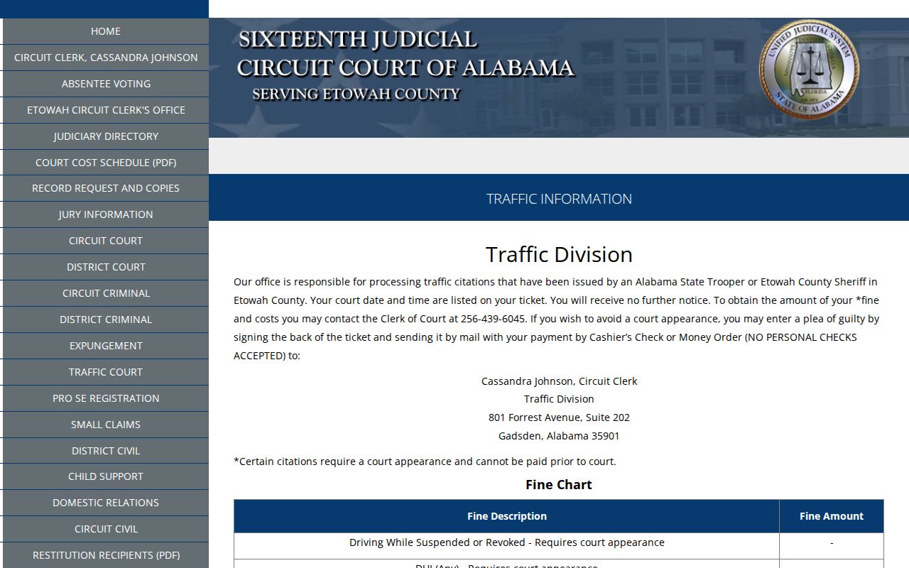 Etowah County traffic court records Traffic Division page